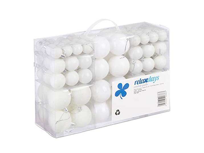 Relaxdays Boules de Noël\, Lot de 100\, Décoration\, polies\, Scintillantes et luisantes\, Boule de Noël ∅ 3\, 4&6 cm\, Blanc