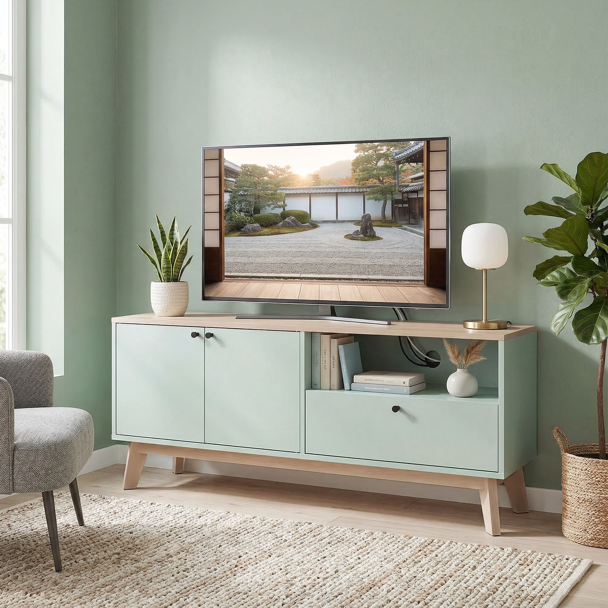 Homcom Mobile TV 120 cm con 2 ante, cassetto e vano aperto, Verde chiaro   Aosom Italy