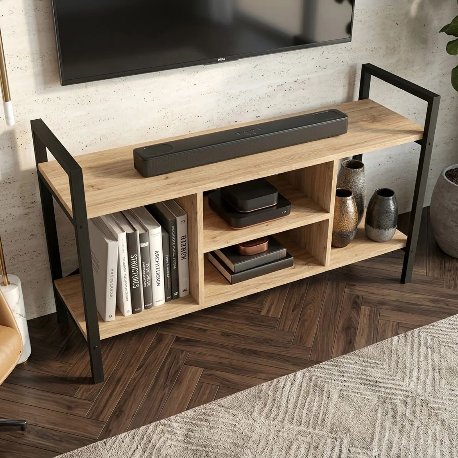 garneroarredamenti Mobile porta tv moderno 120x61h cm industrial metallo rovere rustico Loft