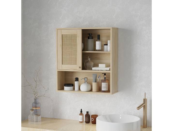 HOMCOM Armoire Murale Rotin Bois Naturel Salle de Bain