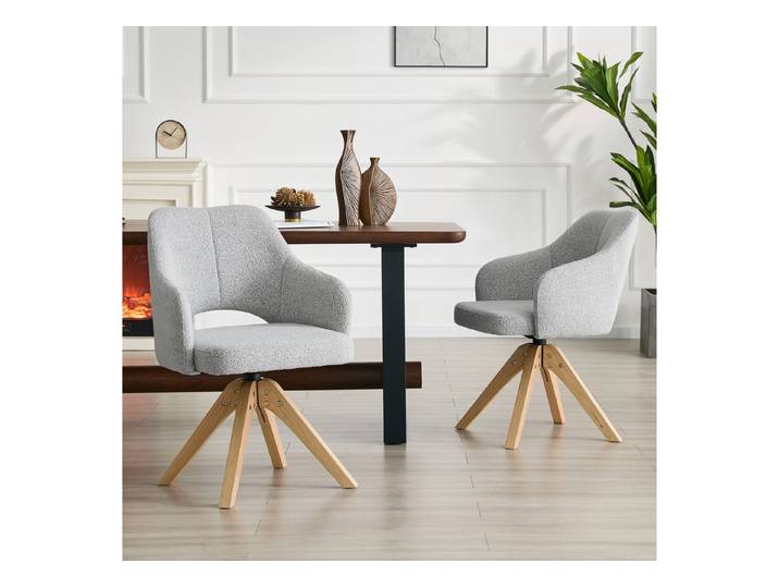 Fine Life Pro Stuhl 2 Drehstühle Retro, hellgrauer Stoff, Massivholzbeine, 360°, Leichtes Luxus-Design, für Esszimmer und Wohnzimmer
