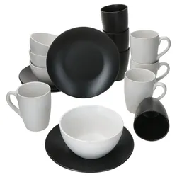16tlg Frühstücksset Nero Bianco - 4x Kuchenteller schwarz, Becher o. H. schwarz, Becher m. H. weiß & Schale weiß