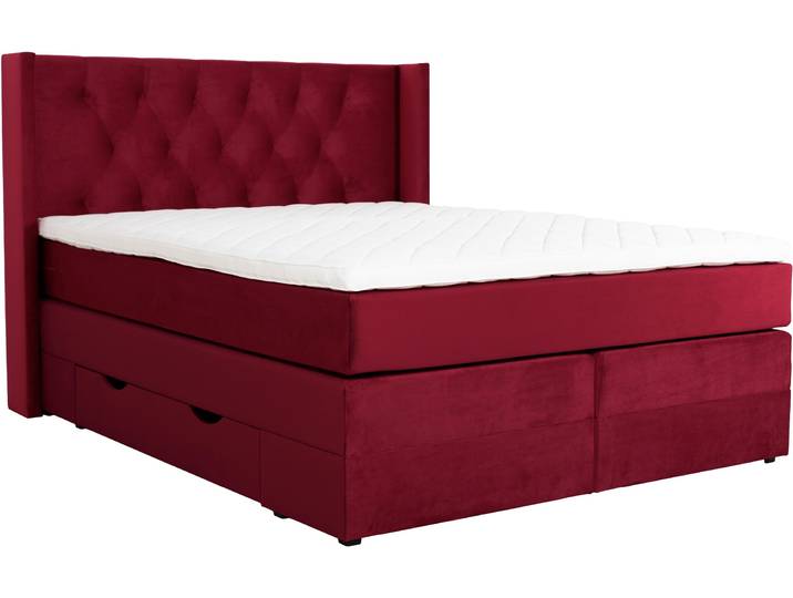 Boxspringbett HOME AFFAIRE Elegance , rot, B:141cm L:210cm, Samtoptik (100% Polyester);Struktur (100% Polyester), Komplettbetten, Boxspringbett, mit schöner Knopfheftung, in den Härtegraden H2 & H3, inkl. Schubladen