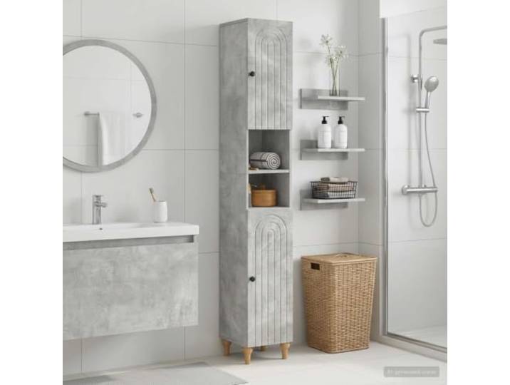 KTHLBRH Badschrank mit offenem Regal ALKMAAR Betongrau, Holzwerkstoff Mehrere Regale, offene Ablage, schlankes Design, umkehrbare Tür, feuchtigkeitsresistent, einfache Pflege