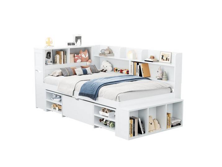 Modenvie Kinderbett 90/200 cm aus Plywood mit Schublade, Regal und Stauschrank Weiß, 90x200 cm, Babymöbel & Kindermöbel, Kinderzimmer & Jugendzimmer, Kinderbetten
