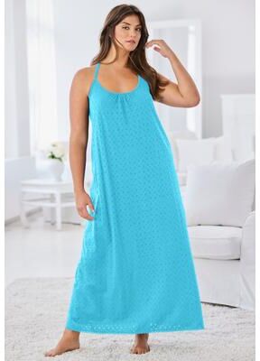 Plus Size Women's Breezy Eyelet Knit Long Nightgown by Dreams & Co. in Caribbean Blue (Size 34/36)