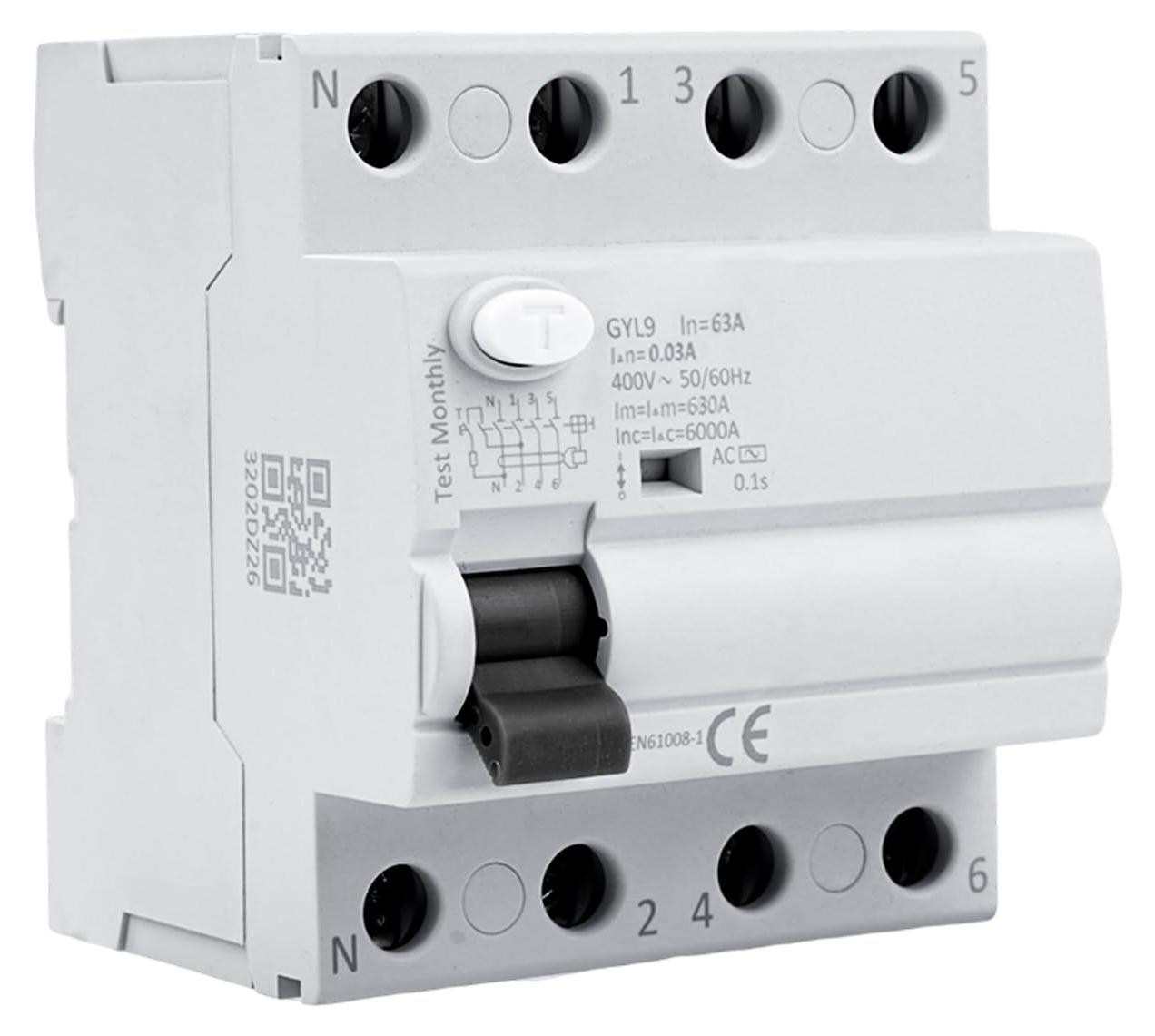 Lustrens RCCB stroomonderbreker 4-polig 63A 30mA AC 400V