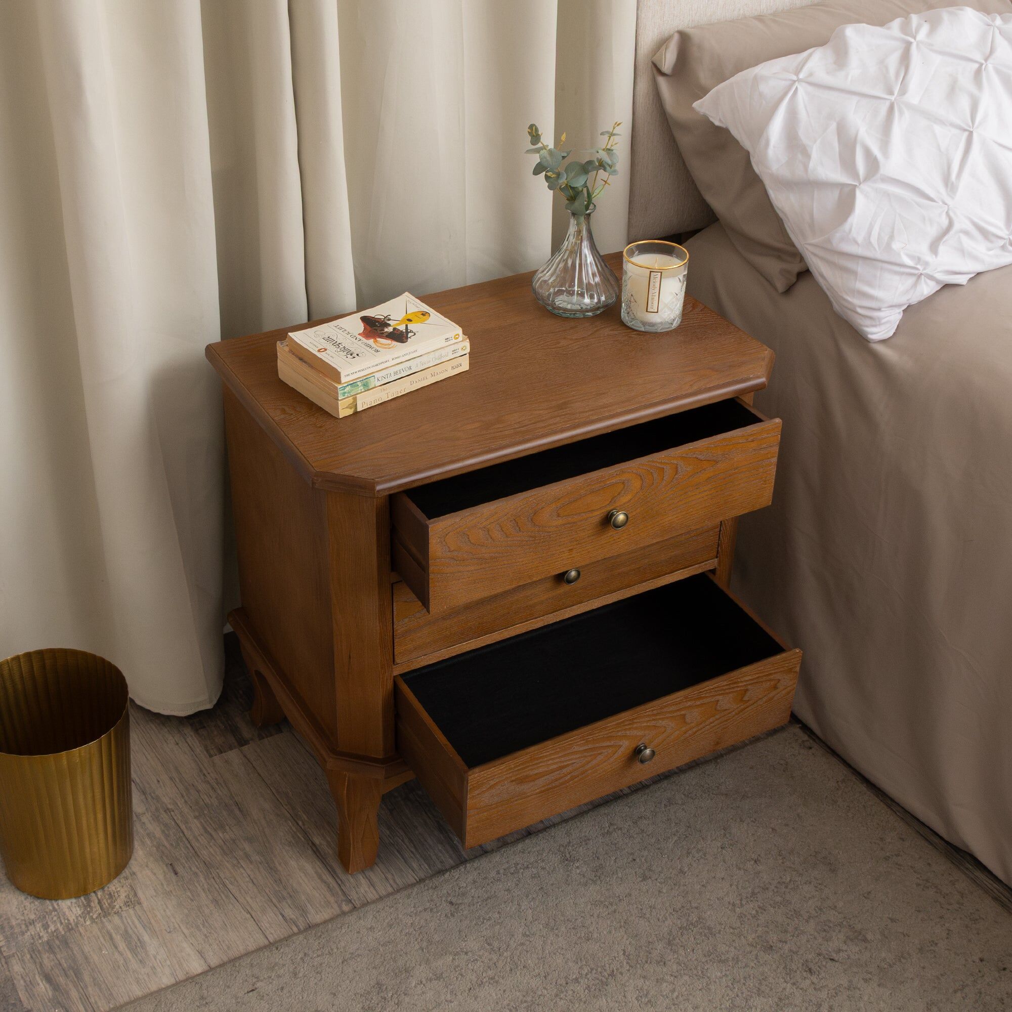 Dark Wood Dressing Table Desk with Triple Mirror, Stool and Pair of Wide Bedside Tables - Ashwell Range Wood, Metal