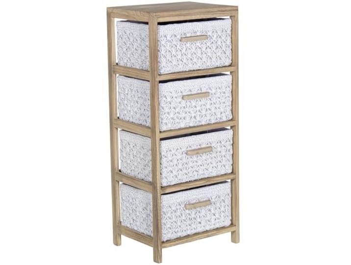 DRW Kommode aus Holz mit 4 Schubladen aus Stoff in Weiß und Natur, 40 x 30 x 94 cm