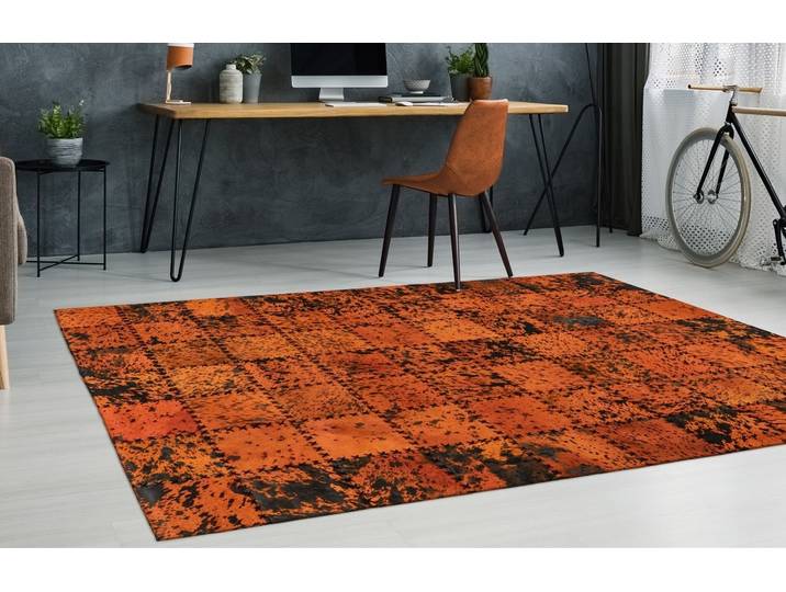 Teppich ARTE ESPINA Voila 100 , orange, B:200cm H:5mm L:290cm, Rindsleder, Teppiche, Teppich, handgenähter Flachflor-Teppich im Patchwork-Design.