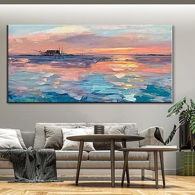 reines handgemaltes Sonnenuntergang-Meer-Himmel-Ozean-Strand-Landschaft bunte abstrakte Wandkunst extra großes Panorama-Ölgemälde auf Leinwand