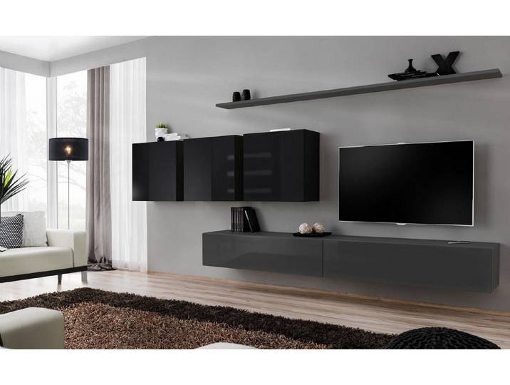 Xlmoebel Wohnwand Grau Komplett 7tlg Designer Holzmöbel Sideboard Wandschrank Regal, (7-St), Made in Europa