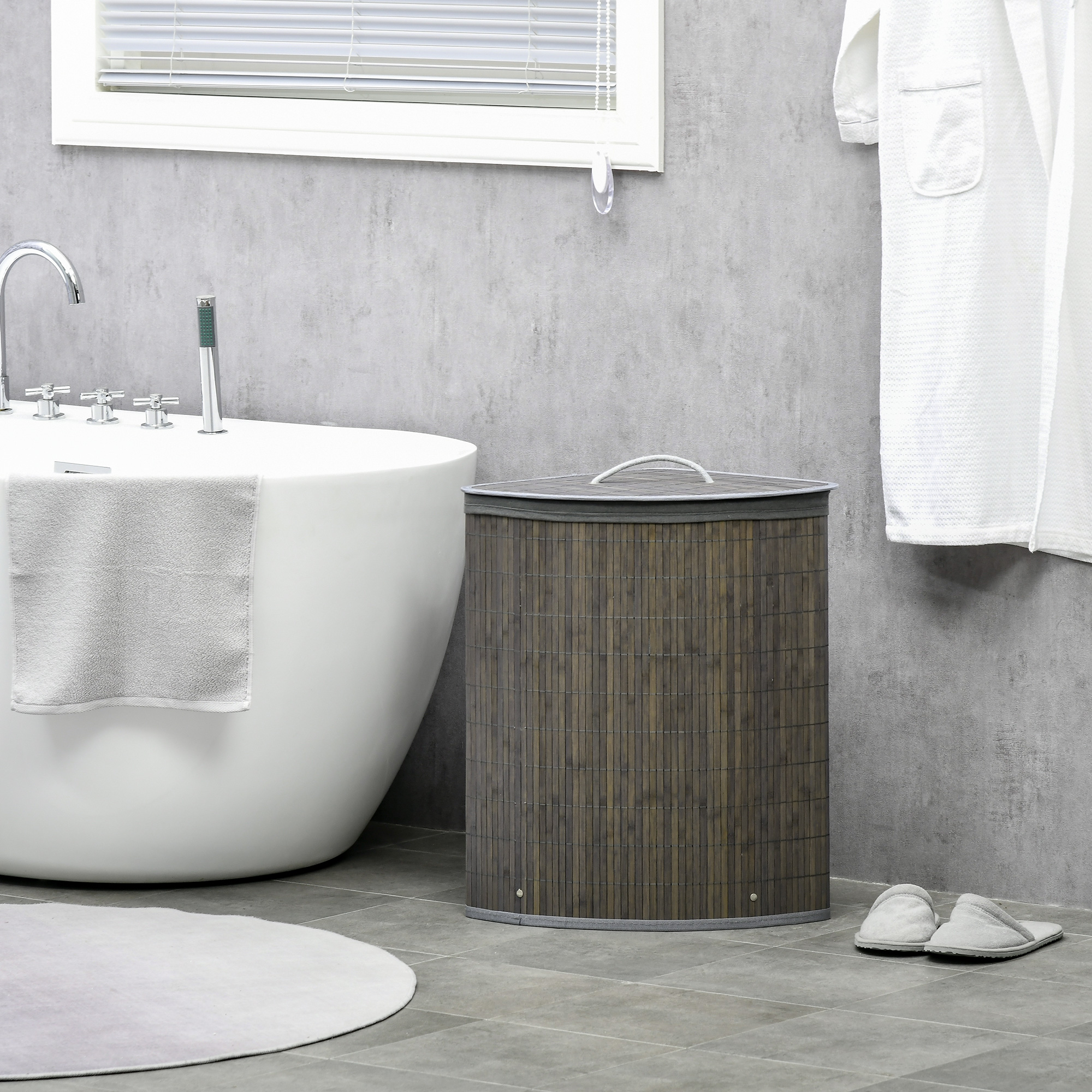 Homcom Cesto per il bucato in bambù d'angolo 55L con coperchio e sacco rimovibile 38 x 38 x 57 cm grigio