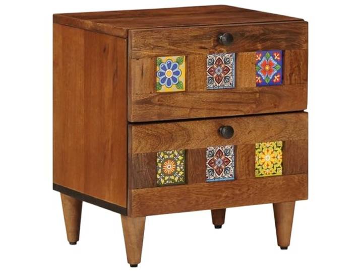 KDVXBCQJH Nachttisch Massivholz Mango 40x33x46 cm Nachtschrank Braun Rustikaler Beistelltisch fürs Schlafzimmer mit zwei Schubladen und edel verarbeiteter Rückseite zum Freistellen.