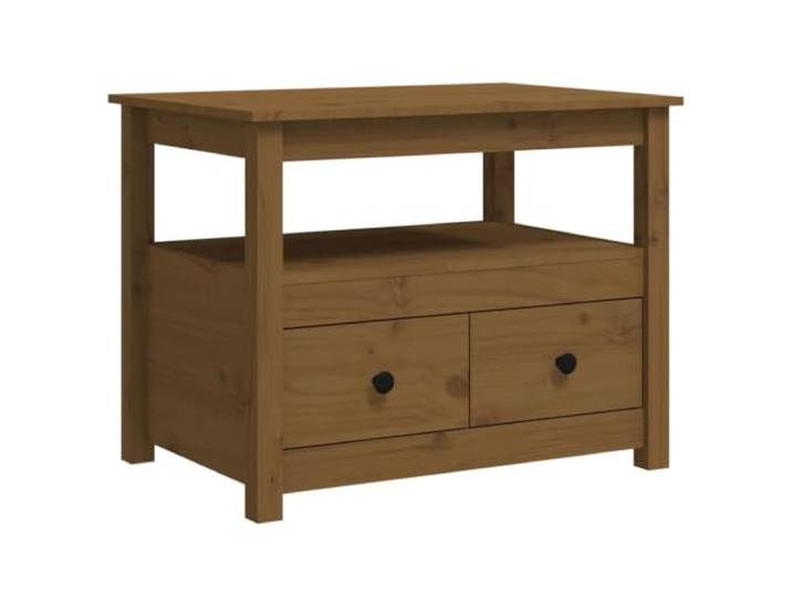 Couchtisch Honig Bronze 71x49x55cm Massivholz Kiefer 1 Schublade, 5 offene Ablagen, Eisenfüße, Dekoblatte, Wandbefestigungselement