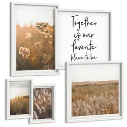 BILDER SET 5er Set - 50x50 cm & 20x30 cm & 40x60 cm Weißer Rahmen - Landschaftsgrasblumen Wärme
