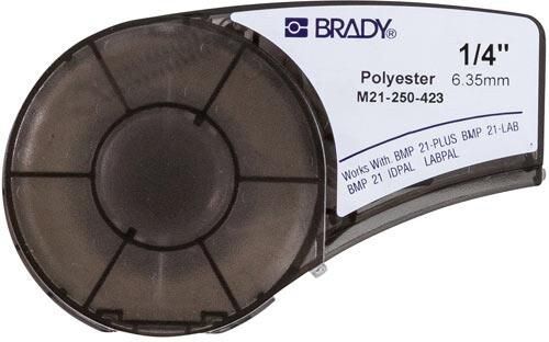 Brady M21-250-423 Polyester Label Tape 6.35mm x 6.40m Black on White for M210/M211/BMP21-PLUS/BMP21-LAB