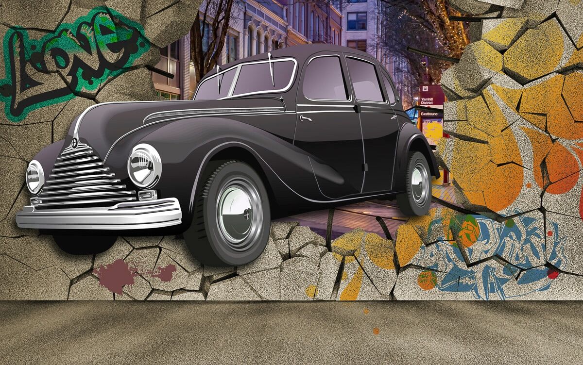 Fototapete PAPERMOON "Auto durch Mauer", bunt, B:3,5m L:2,6m, Vlies, Tapeten, Fototapete bunt B/L: 3,5m x 2,6m, Bahnen: 7 Stk.