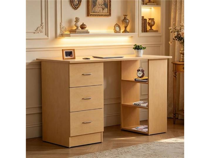 Bureau d'ordinateur fonctionnel avec tiroirs et étagère ouverte