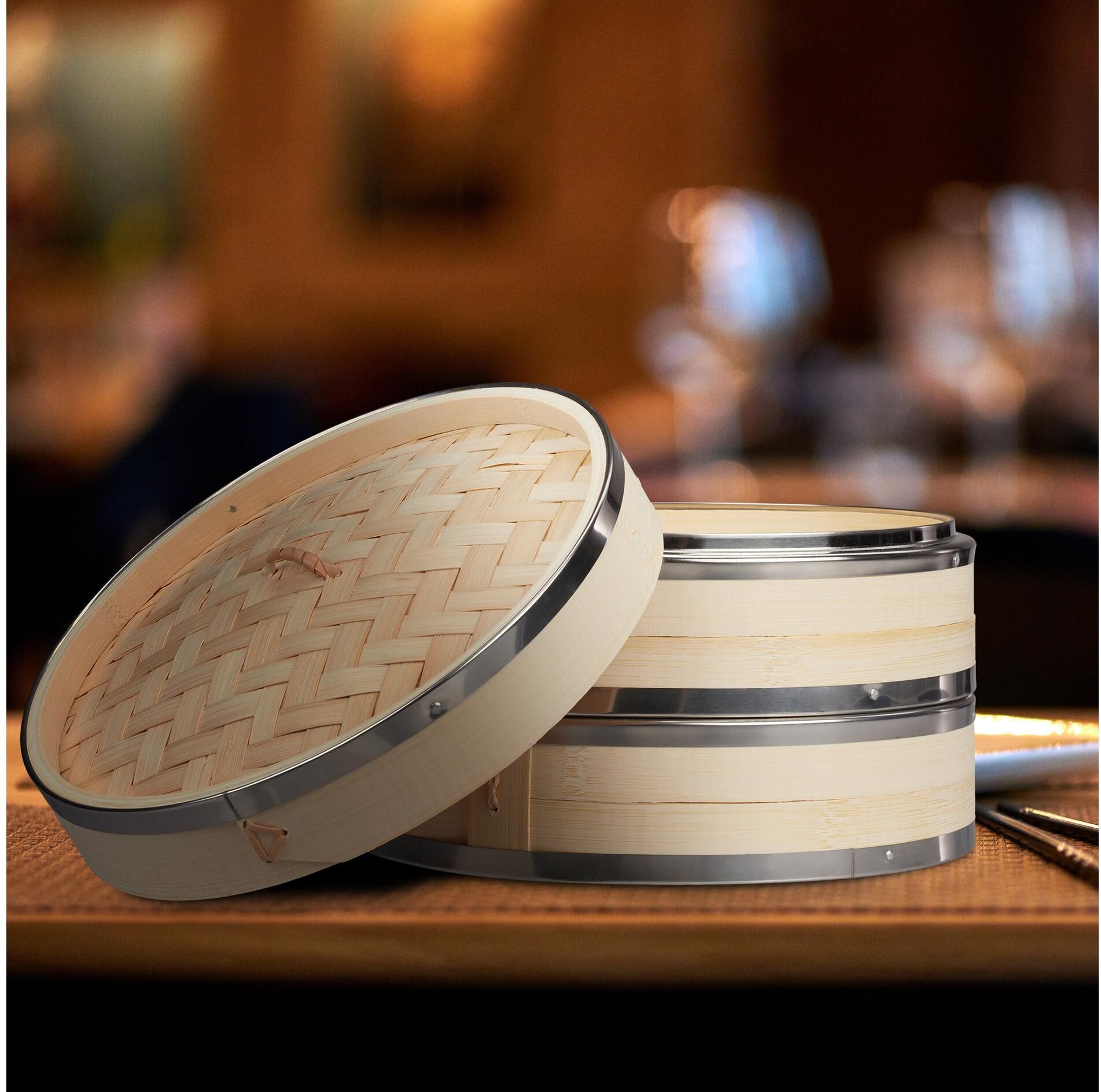 Dampfgarer RELAXDAYS "Bambus, 2 Etagen, mit Edelstahlringen", beige (natur), B:25,5cm H:15,5cm T:25,5cm Ø:25,5cm, Dampfgarer, Dampfgarer natur Einheitsgröße