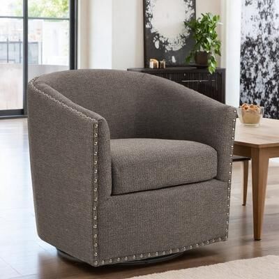 "28"" Polyester Swivel Barrel Chair with Barrel Back and Nailhead Trim and Metal Base and No Assembly"