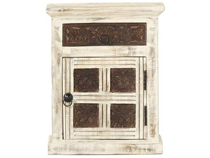 RJPLMFV Nachttisch, weiß, 40 x 30 x 50 cm, Mangoholz, massiv Vintage-Stil, 1 Tür, 1 Schublade, handgeschnitzt, bereits montiert, Unikat
