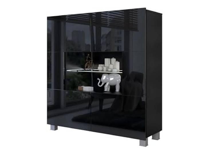 Mirjan24 Kommode Calabrini BR01 mit 2 Türen (Schwarz Hochglanz, weißer LED) Moderne grifflose Kommode mit gehärtetem Glas und viel Stauraum für Wohn- und Schlafzimmer