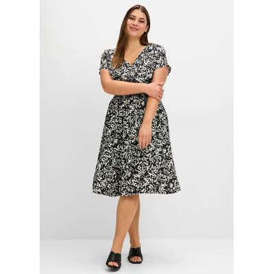 Sommerkleid SHEEGO "Sommerkleid", Damen, Gr. 46, Normalgrößen, schwarz (schwarz bedruckt), 100% Viskose, bedruckt, gemustert, wadenlang, V-Ausschnitt, Kleider Sommerkleid