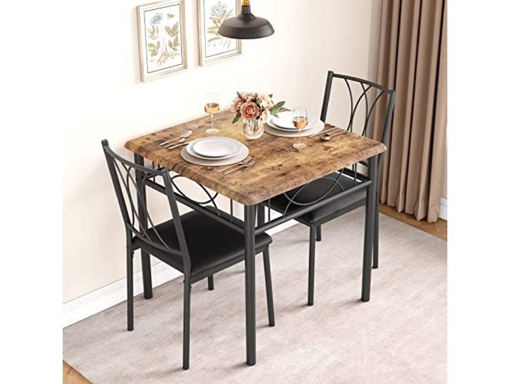 LuxFocus 3er Küchentisch Set mit Polsterstühlen Braun Quadratische Essgruppe mit gepolsterten Sitzplätzen im Vintage-Stil für kleine Küchen, Wohnungen und Essbereiche