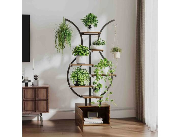 Étagère à Plantes 142cm - LED Croissance - Crochets Suspendus - Design Courbé - Rangement Bas - Bois Tigré