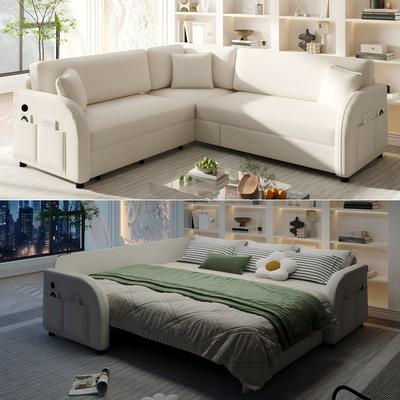 Abrihome "85.1"" Teddy Upholstered Sofa with Pull-Out Bed and USB Port"