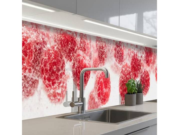 KitchenYeah© Spritzschutz Küchenrückwand Küche Abwaschbar Selbstklebend 60x500 cm - Küchenwand Küchenfront Küchen Rückenwand Wandschutz Obst - Wasser - Blasen - Rot