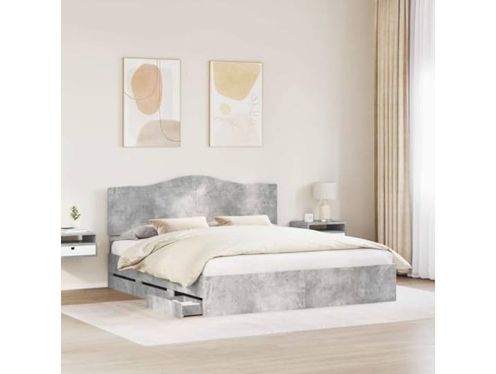 SKTQYQO Boxspringbett Zementgrau 200 x 200 cm Technisches Holz, modernes minimalistisches Design, rechteckige Struktur, integrierter Behälter