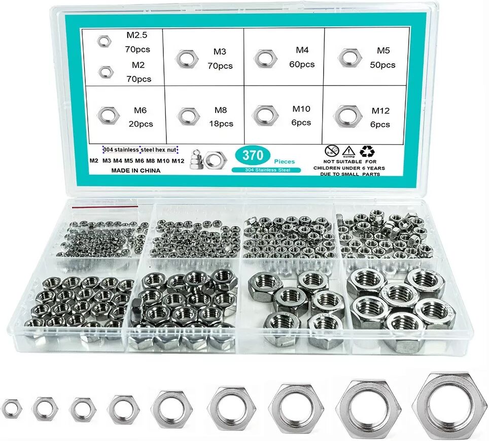 INF 370 Stück Edelstahl Sechskantmuttern Sortiment - Metrisches Sechskantmuttern Set