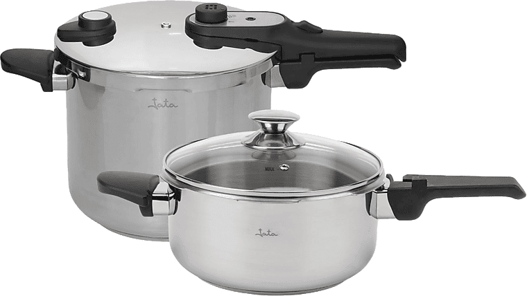 Olla express - Jata HOLL2547, 7L+4L, Acero inoxidable, Diámetro 22 cm, Triple sistema de seguridad, 2 Niveles Presión