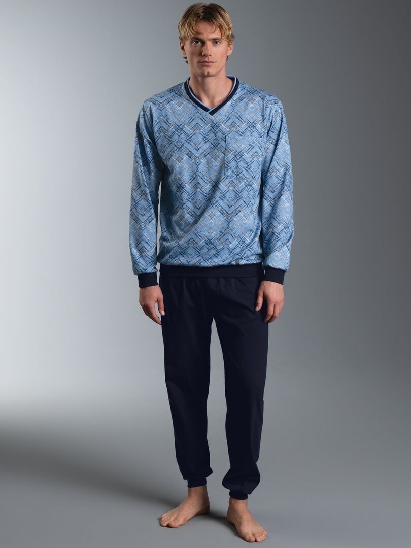 Schlafanzug TRIGEMA "TRIGEMA Pyjama mit Zickzackmuster", Herren, Gr. XXL, horizont, Single Jersey, 100% Baumwolle, Basic, Homewear-Sets Schlafanzug