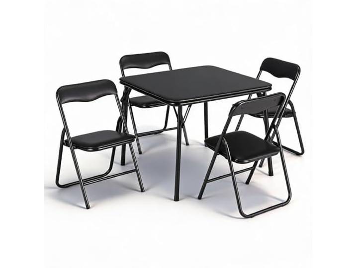 IDEALHOUSE Platzsparendes Kinder Tisch- und Stuhlset – Klappbar, PU-gepolsterte Sitze – Robuster Metallrahmen – Ideal zum Essen, Spielen & Lernen – Schwarz, 1 Tisch 4 Stühle