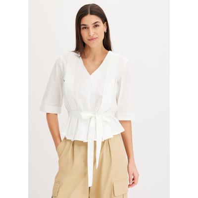 Langarmbluse BONPRIX, Damen, Gr. 52, weiß, Obermaterial: 100% Baumwolle, gerade, Blusen, aus Baumwolle, gerade Passform, mit feinen Faltendetails, ohne Kragen