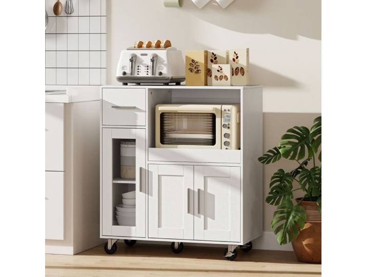 Desserte Cuisine Blanche À Roulettes Meuble Micro-Ondes FloraGrace Pour Cuisine Tablette Coulissante 80x40x88 7cm