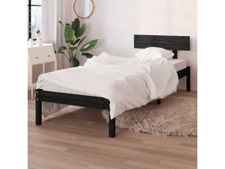 RJPLMFV Bettgestell, 90 x 190 cm, Schwarz, massives Kiefernholz Ohne Matratze, Lattenrost inklusive, klassisches Kopfteil, langlebige Robustheit