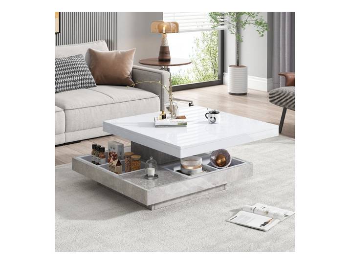 Fine Life Pro Couchtisch Doppel-Couchtisch mit 360° drehbarer Hochglanzplatte, Ablagefach, weiß, Marmorfarbene Spanplatte, für Wohnzimmer, multifunktional & modern