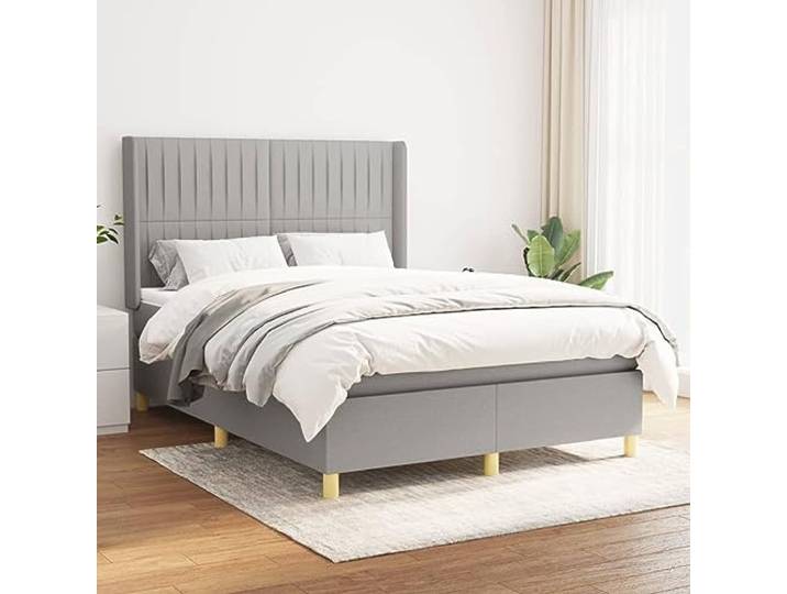 Strapazierfähiger Stoff Höhenverstellbares Kopfteil Boxspringbett Grau Boxspringbett mit Matratze 140x200 cm Hellgrau Stoff Bett mit Taschenfederkernmatratze Inklusive Topper Höhenverstellbares