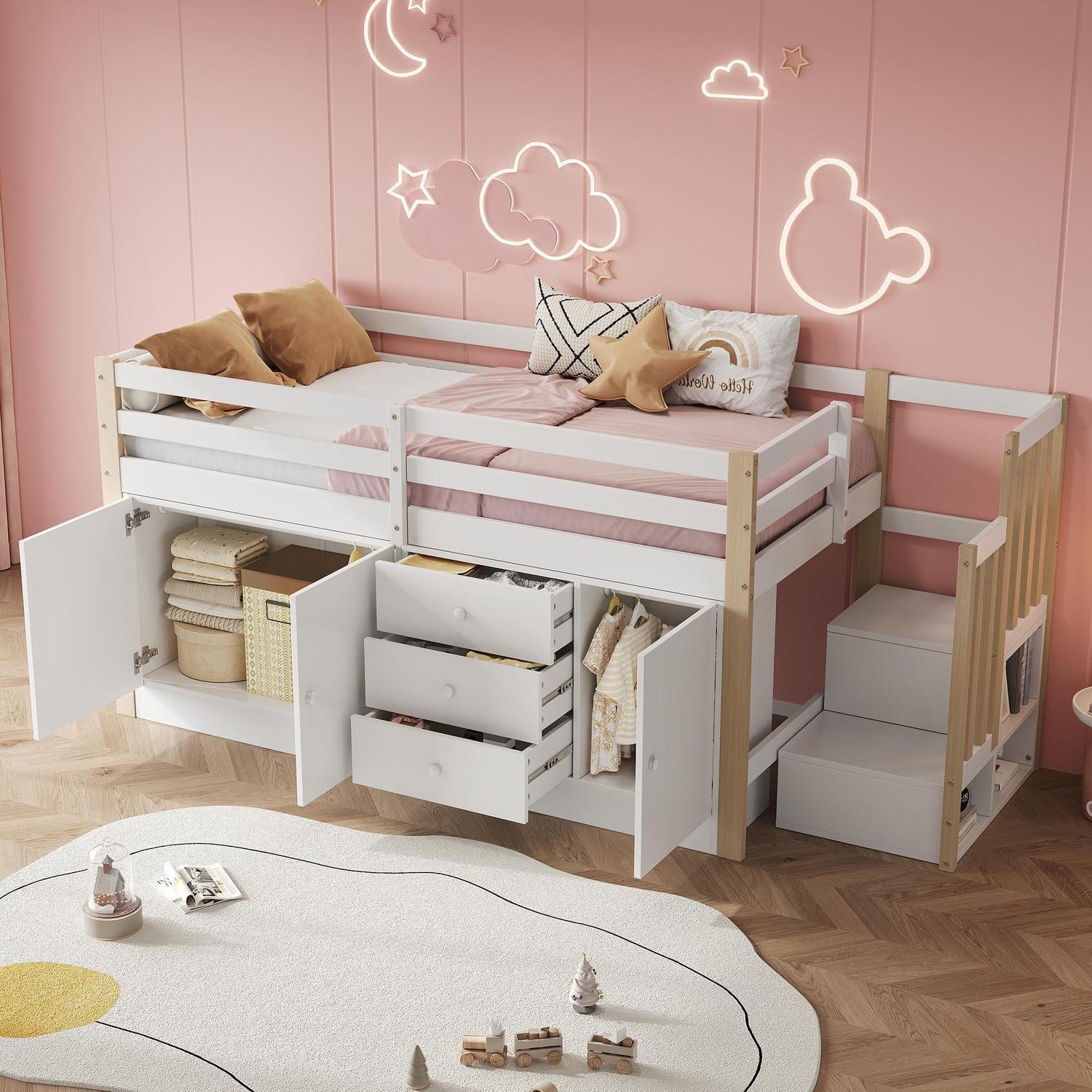 Hochbett 90x200 cm Kinderbett mit Stauraum Weiß ohne Matratze