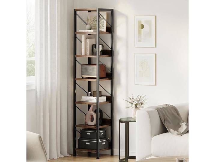 Bibliothèque Étroite Haute Et Fine Étagère De Rangement À 6 Niveaux Étagère D'angle Cadre En Métal Pour Salon Bureau