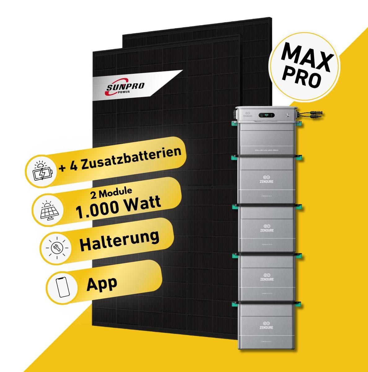 Balkonstrom Balkonkraftwerk 1000W Solaranlage mit Speicher | 4xZusatzspeicher | 2xSolarmodul Bifazial |Zendure SolarFlow 800 Pro 2