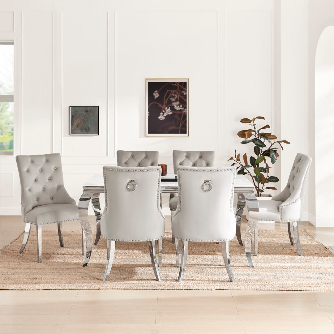 Canora Grey Bilche Rectangular White Marble Glass & Metal Table With Eubanks Velvet Knockerback Chairs Grey;White 6