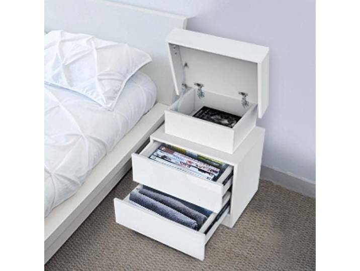 OHMG-Table De Chevet À Deux Tiroirs-Avec LED-Avec Couvercle À Rabat-Fabriqué En Panneaux De Particules-Télécommande-Blanc