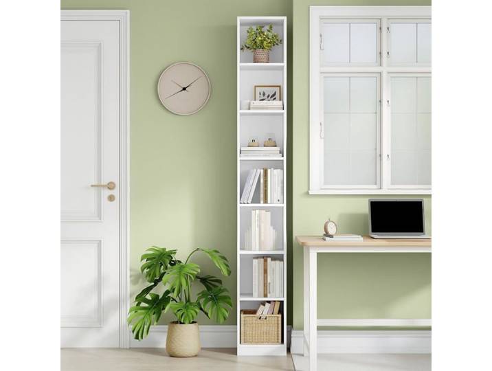 Bibliothèque Étagère à 7 Niveaux Bibliothèque Étroite Etagère Cube Meuble de Rangement Livres pour Bureau Salon Blanc