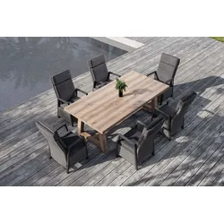 OUTFLEXX Nova Garten-Essgruppe mit 6 Sesseln, anthrazit/grau/natur, Alu/Polyrattan/Teakholz, 220 x 110 cm Tisch, verstellbare Rückenlehne