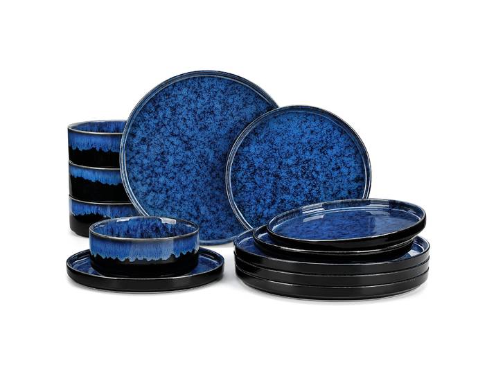 vancasso-Ensemble de Vaisselle à Bord Vertical avec 4 Assiettes, Dessert, Filles, Noir, Bleu, Glaçure Réactive, 12/24/36 Pièces